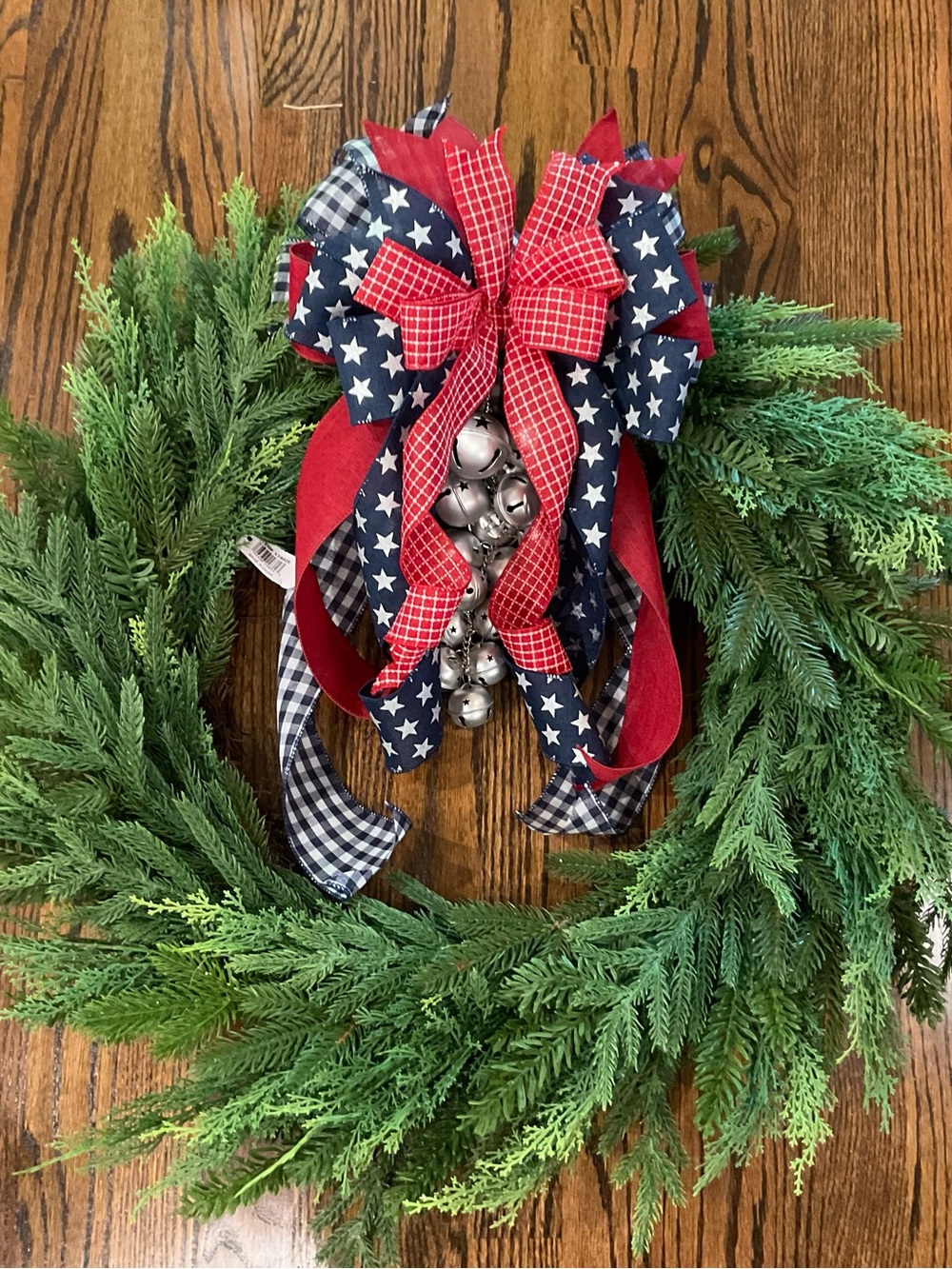 Patriotic Red & Navy Star Ribbon Wreath Bow with Jingle Bells